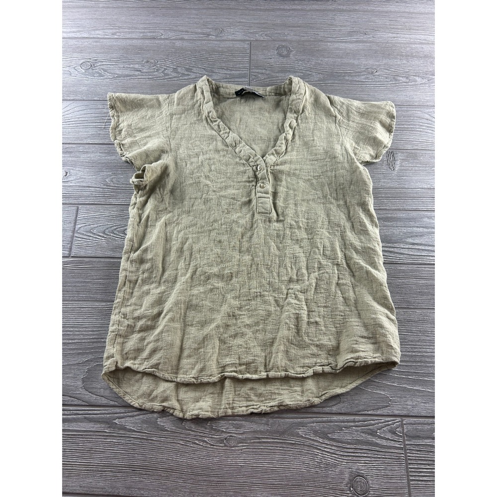 Alex & Parker Shirt Women Medium Beige 1/4 Button Up Linen Rayon S/S Top